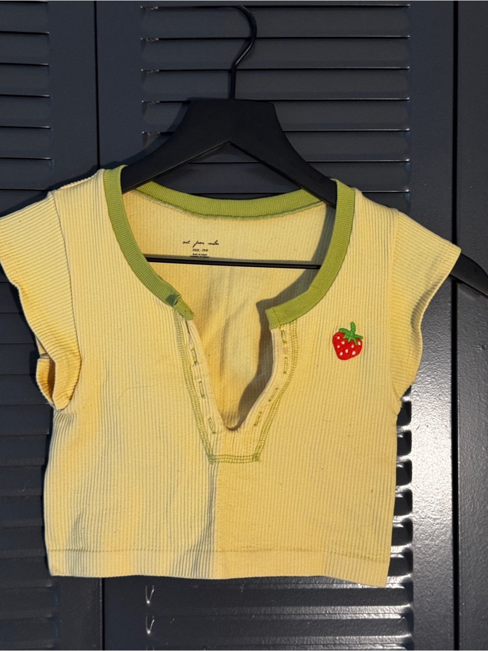 Yellow Ribbed Crop Top with Strawberry Patch
